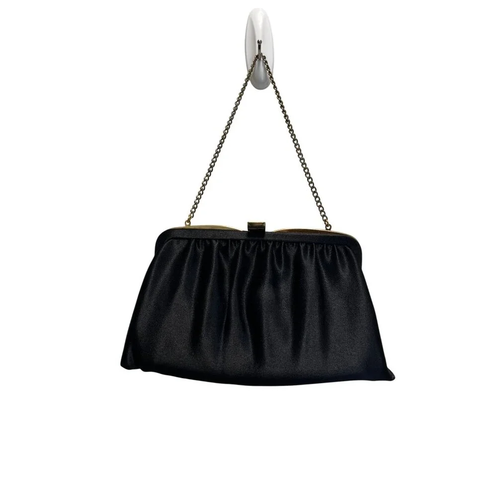 Vintage Black Satin Clutch Purse With Gold Chain Strap & Frame